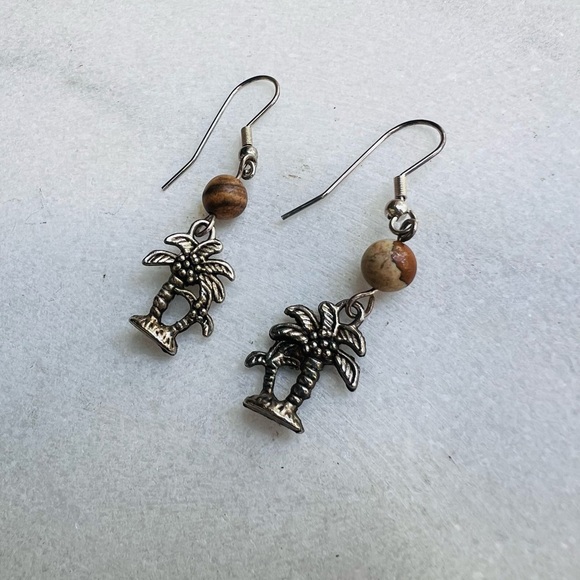 Jewelry - Vintage Palm Tree Dangle Earrings with Wood Accents
